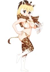  :p adapted_costume animal_ears animal_print bare_arms bare_shoulders bikini black_eyes blonde_hair blush breasts brown_hair commentary female from_side full_body giraffe_ears giraffe_girl giraffe_horns giraffe_print hand_on_own_hip highres horns kemono_friends large_breasts looking_at_viewer masuyama_ryou multicolored_hair navel no_shoes print_bikini print_scarf print_thighhighs reticulated_giraffe_(kemono_friends) scarf simple_background skindentation smile solo standing standing_on_one_leg swimsuit thighhighs tongue tongue_out white_background white_hair 