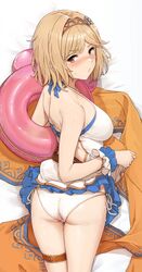  akita_hika ass bare_shoulders bikini bikini_top_only blonde_hair blush breasts brown_eyes collarbone dakimakura_(medium) djeeta_(granblue_fantasy) djeeta_(summer)_(granblue_fantasy) female flower granblue_fantasy hair_flower hair_ornament hairband highres layered_skirt layered_swimsuit looking_at_viewer medium_breasts o3o official_alternate_costume short_hair skirt solo swimsuit thigh_strap 