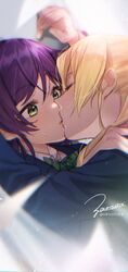  2girls ayase_eli bad_id bad_twitter_id blonde_hair blue_jacket bow bowtie closed_eyes collared_shirt commentary_request face-to-face green_bow green_bowtie green_eyes hair_between_eyes jacket kissing long_hair looking_at_another love_live! love_live!_school_idol_project multiple_girls otonokizaka_school_uniform ponytail purple_hair school_uniform shirt sidelocks sweatdrop tojo_nozomi twintails white_shirt winter_uniform yuri zawawa_(satoukibi1108) 