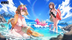  3girls ;d absurdres ahoge anis_(nikke) anis_(sparkling_summer)_(nikke) antenna_hair arm_up back_cutout ball bare_shoulders beachball bikini bird black_choker black_one-piece_swimsuit black_towel blue_sky blurry blurry_foreground breasts brown_hair cat_hair_ornament choker clothing_cutout cloud commentary_request company_name competition_swimsuit copyright_name copyright_notice counters_(nikke) day depth_of_field dong_ji double-parted_bangs eyepatch_bikini eyewear_on_head glasses goddess_of_victory:_nikke goggles goggles_on_head grin hair_between_eyes hair_ornament hand_on_own_thigh hand_up highleg highleg_bikini highres holding holding_kickboard horizon innertube jacket jewelry kickboard large_breasts leaning_forward lens_flare long_hair long_sleeves looking_at_viewer multiple_girls navel necklace neon_(blue_ocean)_(nikke) neon_(nikke) ocean off_shoulder official_alternate_costume official_art one-piece_swimsuit one_eye_closed opaque_glasses open_clothes open_jacket open_mouth orange_eyes orange_jacket outdoors over-rim_eyewear parted_lips partially_submerged pink-framed_eyewear pink-tinted_eyewear pink_innertube polka_dot polka_dot_innertube price_tag rapi_(classic_vacation)_(nikke) rapi_(nikke) red_eyes rock semi-rimless_eyewear short_hair side-tie_bikini_bottom sideboob sky sleeves_past_wrists smile star_(symbol) star_necklace string_bikini striped_clothes striped_jacket sunglasses swim_ring swimsuit thighs tinted_eyewear towel towel_on_one_shoulder track_jacket transparent_beachball two-sided_fabric two-sided_jacket unbuttoned underboob unicorn vertical-striped_clothes vertical-striped_jacket wading water waves wet white_bikini white_hair 