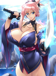  1girls absurd_res absurdres bare_shoulders bare_skin bare_thighs big_breasts black_gloves blue_clothes blue_clothing blue_eyes blue_kimono breasts busty cleavage clothed clothed_female clothing dual_wielding fate/grand_order fate_(series) female female_focus female_only fingerless_gloves gloves haganef high_resolution highres holding_katana holding_sword holding_weapon katana kimono large_breasts large_filesize light-skinned_female light_skin long_hair looking_at_viewer miyamoto_musashi_(fate) open_mouth open_mouth_smile pink_hair pointing_weapon ponytail shiny shiny_breasts shiny_hair shiny_skin smile solo solo_female solo_focus standing sword swords thick_thighs thighs very_high_resolution weapon 