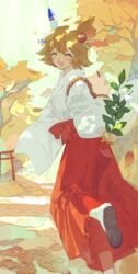  ^_^ amulet animal_ears backpack bag bead_bracelet beads blonde_hair bracelet branch closed_eyes dappled_sunlight daruma_doll day ear_covers facing_viewer falling_leaves female foot_out_of_frame from_behind from_side green_sky hair_ornament hakama hakama_skirt happy high-waist_skirt highres holding holding_branch horse_ears horse_girl japanese_clothes jewelry kimono leaf leg_up long_skirt long_sleeves looking_back maneki-neko matikanefukukitaru_(umamusume) miko omamori open_mouth outdoors red_hakama red_skirt roku_(tsua-kihuyu) rope running sandals sash shade shadow shide shide_hair_ornament shoe_soles short_hair single_ear_cover skirt sky socks solo sunlight tabi torii tree tree_shade umamusume white_kimono wide_sleeves zouri 