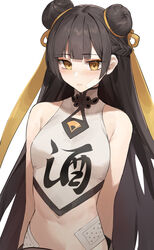  absurdres bandaid bandaid_on_face black_hair black_survival blush breasts chinese_clothes closed_mouth commentary cooling_pad crop_top double_bun eyebrows_visible_through_hair female hair_ribbon highres li_dailin lips long_hair looking_at_viewer medium_breasts midriff ribbon shirt simple_background sleeveless sleeveless_shirt solo star741 straight_hair upper_body white_background white_shirt yellow_eyes yellow_ribbon 