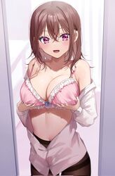  bare_shoulders black_pantyhose blush bra breast_lift breasts brown_hair chigusa_minori cleavage collarbone commentary_request corrupted_twitter_file cowboy_shot crossed_bangs female high-waist_pantyhose highres indoors kokoro_iroduku_koi_ga_shitai large_breasts long_sleeves looking_at_viewer medium_hair mole momose_akari nail_polish navel off_shoulder pantyhose parted_lips partially_unbuttoned pink_bra pink_nails purple_eyes shirt smile solo standing underwear white_shirt 