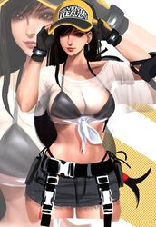  adjusting_clothes adjusting_headwear baseball_cap bikini black_bikini black_gloves black_hair breasts brown_eyes cleavage closed_mouth crop_top drop_earrings earrings female final_fantasy final_fantasy_vii final_fantasy_vii_ever_crisis fingerless_gloves gloves hand_on_headwear hat highleg highleg_bikini highres jewelry kittymiya large_breasts light_smile long_hair looking_to_the_side low-tied_long_hair navel necklace official_alternate_costume see-through see-through_shirt shirt short_sleeves side-tie_bikini_bottom solo swimsuit tied_shirt tifa_lockhart tifa_lockhart_(lifeguard) two-tone_gloves two-tone_headwear very_long_hair wet wet_clothes wet_shirt white_shirt yellow_gloves yellow_hat 