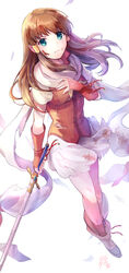  absurdres bleeding blood blood_on_face blue_eyes brown_hair bruise cuts dutch_angle female fingerless_gloves fire_emblem fire_emblem:_radiant_dawn gloves highres holding holding_sword holding_weapon injury long_hair miniskirt mist_(fire_emblem) serious simple_background skirt solo sword tarayuki torn_clothes weapon white_background white_skirt 