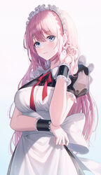  alternate_costume blue_eyes breasts closed_mouth commentary earrings enmaided fall_(aki) female highres jewelry light_blush long_hair looking_at_viewer maid maid_headdress medium_breasts neck_ribbon original pink_hair puffy_short_sleeves puffy_sleeves ribbon short_sleeves simple_background solo white_background wrist_cuffs 