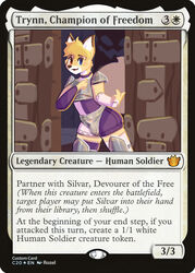  absurd_res armor artwithrozel blonde_hair bulge canid canine card_template clothing english_text femboy fox fur hair hasbro heterochromia hi_res legwear looking_at_viewer magic:_the_gathering male mammal solo text thigh_highs trading_card trading_card_template trynn_(mtg) wizards_of_the_coast yellow_body yellow_fur 