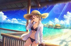  artist_request bad_link beach bikini black_bikini blouse blush breasts brown_eyes brown_hair cloud day female hat highres idolmaster idolmaster_cinderella_girls idolmaster_cinderella_girls_starlight_stage long_hair medium_breasts midriff mifune_miyu ocean official_art open_clothes open_shirt outdoors resized shirt smile solo sparkle straw_hat sun_hat swimsuit upscaled waifu2x 