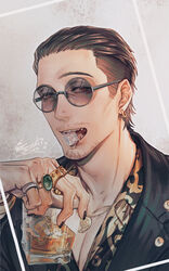  1boy black_hair black_jacket black_nails brown_eyes earrings facial_hair fangs glass hair_slicked_back highres ice ice_cube jacket jewelry jiao_mao leather leather_jacket male_focus moustache multiple_rings necklace photo_(object) raised_eyebrows ring round_eyewear ryuu_ga_gotoku ryuu_ga_gotoku_7 signature stubble sunglasses tongue zhao_tianyou 