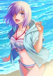  alternate_costume beach bikini blue_jacket blush breasts cleavage collarbone commentary_request dated fate/grand_order fate_(series) female fingernails hair_over_one_eye hood hood_down hooded_jacket jacket light_purple_hair looking_at_viewer mash_kyrielight mash_kyrielight_(swimsuit_of_perpetual_summer_ver.02) medium_breasts multicolored_bikini multicolored_clothes multicolored_swimsuit navel ocean official_alternate_costume one_eye_covered open_clothes open_jacket open_mouth outdoors purple_eyes sand see-through short_hair short_sleeves signature smile solo striped_bikini striped_clothes swimsuit thighs tongue water yuuzuki230 