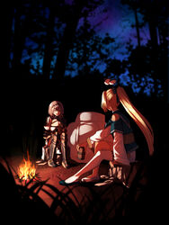  2girls :d armor asymmetrical_footwear backpack bag blonde_hair blue_collar bow braid breasts campfire chest_belt cleavage clothing_cutout collar cup dark-skinned_female dark_skin elf fingerless_gloves floating gloves gold_trim green_eyes grey_hair hair_between_eyes hairbow high_ponytail highres holding holding_cup hololive kintsuba_(shiranui_flare) large_breasts long_hair looking_at_another mikan_(chipstar182) mismatched_footwear mole mole_on_breast multiple_girls open_mouth oversized_object pointy_ears shiranui_flare shiranui_flare_(old_design) shirogane_noel shirogane_noel_(1st_costume) short_hair shoulder_cutout single_thighhigh sitting smile thighhighs virtual_youtuber wrist_guards 