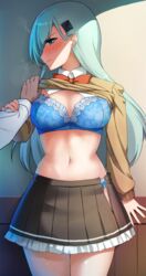  absurdres aqua_hair blue_bra blue_panties blush bra breasts brown_cardigan brown_skirt cardigan cardigan_lift commentary_request cowboy_shot female frilled_bra frilled_panties frilled_skirt frills green_eyes hair_ornament hairclip highres kantai_collection long_hair long_sleeves medium_breasts miniskirt navel open_clothes open_skirt panties panty_peek partially_unzipped pleated_skirt pov school_uniform skirt solo_focus sorano_(12gou) standing suzuya_(kancolle) suzuya_kai_ni_(kancolle) underwear very_long_hair zipper_skirt 