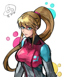  absurdres blonde_hair blue_eyes bodysuit breasts female hair_between_eyes highres long_hair looking_at_viewer medium_breasts metroid metroid_dread mole mole_under_mouth ponytail saiykik samus_aran simple_background skin_tight solo zero_suit 