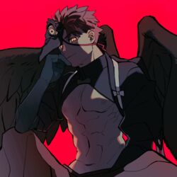  1boy absurdres bare_pectorals black_gloves black_wings closed_mouth emiya_shirou fate/grand_order fate_(series) gloves glowing glowing_eyes head_rest highres lonelyethyl looking_at_viewer male_focus mask messy_hair muscular muscular_male pectorals red_background red_hair senji_muramasa_(fate) senji_muramasa_(night_parade_of_one_hundred_demons)_(fate) simple_background sitting smile solo wings yellow_eyes 