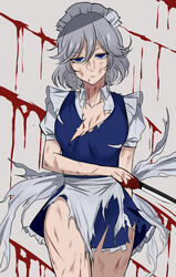  :| bangs blood blood_on_clothes blood_on_face blood_on_hands blood_splatter blue_eyes braid breasts cleavage closed_mouth collared_shirt dripping expressionless eyebrows_visible_through_hair female highres holding holding_knife injury izayoi_sakuya knife looking_at_viewer maid maid_headdress medium_breasts puffy_short_sleeves puffy_sleeves sash shirt short_sleeves silver_hair solo soregashi_(nobuyoshi-numa2) standing thighs torn_apron torn_clothes touhou twin_braids white_sash wing_collar 