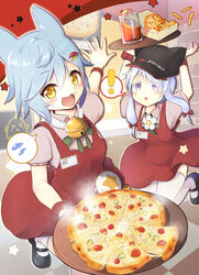  ! 2girls :3 :d :o absurdres animal_ears azur_lane beige_shirt bell black_footwear black_headwear blue_hair blush cola collared_shirt commentary_request cowboy_shot cup dress drink drinking_glass fake_animal_ears flower food fox_ears french_fries fubuki_(azur_lane) fubuki_(stormy_waitress-in-training!)_(azur_lane) grey_hair hair_between_eyes hair_ornament hairclip hat highres holding holding_tray indoors jingle_bell kneehighs long_hair looking_at_viewer looking_up manjuu_(azur_lane) multiple_girls nekonetoru_take oerba_yun_fang official_alternate_costume open_mouth pepperoni pizza pizza_hut purple_eyes red_dress restaurant shirt shoes short_hair short_sleeves sidelocks smile socks spoken_exclamation_mark spoken_sweatdrop standing standing_on_one_leg sweat sweatdrop thighhighs tray twintails uranami_(azur_lane) white_thighhighs wrist_cuffs yellow_eyes zettai_ryouiki 