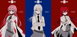  3girls anfang_(chihuri) arm_sling black_jacket black_necktie black_ribbon blue_background blue_eyes blue_hair braid cast chihuri closed_mouth collared_shirt commentary crossed_arms ende_(chihuri) eyepatch gradient_hair grey_hair grey_skirt grey_vest hair_between_eyes hair_intakes highres jacket long_hair looking_at_viewer looking_away medical_eyepatch multicolored_hair multiple_girls nea_(chihuri) neck_ribbon necktie open_clothes open_jacket original pink_hair red_background red_eyes red_hair ribbon shirt short_sleeves skirt smile twin_braids two-tone_background very_long_hair vest white_shirt 