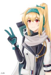  artist_name black_bodysuit blonde_hair bodysuit bolt_action bow closed_mouth female gamryous girls&#039;_frontline gloves green_bow green_hairband gun hairband hairbow highres jacket light_blush long_hair looking_at_viewer multicolored_clothes multicolored_gloves ponytail red_eyes rifle russian_flag scarf simple_background smile sniper_rifle solo sv-98 sv-98_(girls&#039;_frontline) sv-98_(mod3)_(girls&#039;_frontline) turtleneck upper_body v weapon white_background white_jacket white_scarf 