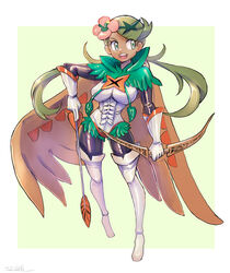  :d alternate_costume arrow_(projectile) bodysuit bodysuit_under_clothes boots bow_(weapon) breasts commentary_request cosplay decidueye decidueye_(cosplay) female floating_hair flower full_body gloves green_eyes green_hair hair_flower hair_ornament highres holding holding_arrow holding_bow_(weapon) holding_weapon leotard long_hair looking_to_the_side mallow_(pokemon) oomasa_teikoku open_mouth pink_flower pokemon pokemon_sm skin_tight smile solo swept_bangs teeth thigh_boots thighhighs tongue twintails upper_teeth_only weapon white_footwear white_gloves white_leotard 