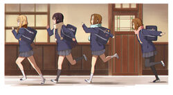  24kchunshuai 4girls akiyama_mio arms_behind_back bag black_hair black_pantyhose black_socks blazer blonde_hair blue_jacket blue_scarf brown_hair brown_scarf buttons carrying_bag closed_mouth commentary from_side gloves grey_skirt hair_ornament hairclip highres hirasawa_yui jacket k-on! kneehighs kotobuki_tsumugi long_hair long_sleeves miniskirt multiple_girls naruto_run outdoors outstretched_arms pantyhose pink_scarf plaid plaid_scarf pleated_skirt profile red_gloves running sakuragaoka_high_school_uniform scarf school_bag school_uniform short_hair skirt smile socks tainaka_ritsu white_footwear white_socks winter_uniform 