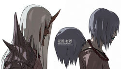  2boys blue_sky character_name character_profile closed_mouth dark-skinned_male dark_skin fangs fisher903 from_side gauntlets grey_shirt horns jewelry lipstick long_hair makeup medium_hair multiple_boys naruto naruto_(series) necklace ninja reference_sheet sakon_(naruto) shirt siblings single_gauntlet single_horn sky twins ukon_(naruto) upper_body watermark white_hair 