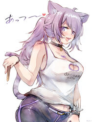  ahoge alternate_costume animal_collar animal_ears black_collar black_pants blush breasts cat_ears cat_girl cat_tail cleavage_cutout clothing_cutout collar commentary_request contrapposto female hair_over_one_eye heart_on_chest highres hololive ikayaki_(ikayaki4) large_breasts looking_at_viewer messy_hair multicolored_hair nekomata_okayu oerba_yun_fang open_mouth pants ponytail popsicle_stick purple_eyes purple_hair shirt skin_fang solo streaked_hair tail tank_top tied_shirt virtual_youtuber white_tank_top 