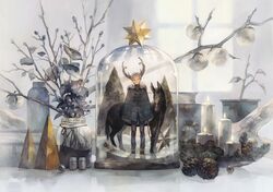  1boy blue_pants bottle candle coat commentary_request donkey fur_coat horns in_bottle in_container marble_(toy) original pants pinecone plant pot smile snow white_hair window yoshioka_(haco) 