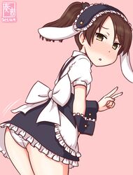  alternate_costume animal_ears apron ass black_hairband blush brown_eyes brown_hair center_frills commentary_request cosplay droopy_ears fake_animal_ears female fleur_de_lapin_uniform floppy_ears frilled_apron frilled_cuffs frilled_hairband frilled_shirt frills gradient_background hair_ribbon hairband kanon_(kurogane_knights) kantai_collection kirima_syaro kirima_syaro_(cosplay) lolita_hairband looking_at_viewer one-hour_drawing_challenge open_mouth panties pink_background polka_dot_trim ponytail puffy_short_sleeves puffy_sleeves rabbit_ears ribbon shikinami_(kancolle) shirt short_hair short_sleeves skirt solo underbust underwear v waist_apron waitress white_apron white_panties white_shirt wrist_cuffs 