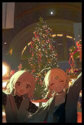  2girls :d ^_^ ^o^ black_border blonde_hair blurry blurry_background border braid brown_hair christmas christmas_tree closed_eyes commentary grin hachimiya_meguru highres idolmaster idolmaster_shiny_colors looking_at_viewer moon multiple_girls night nmnm2332chan outstretched_arms photo_background sakuragi_mano smile symbol-only_commentary twin_braids upper_body 