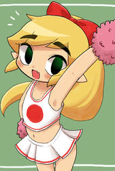  absurd_res accessory blonde_hair blush bottomwear bow_(feature) bow_accessory bow_ribbon centered_hair_bow cheerleader cheerleader_outfit clothed clothing crossdressing cute_fangs femboy gumita hair hair_accessory hair_ribbon hairbow hand_on_hip hi_res humanoid humanoid_pointy_ears hylian long_hair looking_at_viewer male midriff navel nintendo not_furry open_mouth pom_poms raised_arm red_bow ribbons shirt skirt solo tank_top the_legend_of_zelda toon_link topwear tri_force_heroes wind_waker young young_humanoid young_male 