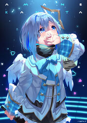  absurdres amane_kanata amane_kanata_(1st_costume) angel angel_wings armband asymmetrical_bangs asymmetrical_hair black_skirt blue_bow blue_bowtie blue_eyes blue_hair bob_cut bow bowtie character_name colored_inner_hair commentary cowboy_shot crying feathered_wings female frilled_skirt frilled_sleeves frills grey_hair grey_jacket hair_intakes hair_over_one_eye halo highres holding holding_microphone hololive jacket long_sleeves looking_away looking_up microphone miniskirt multicolored_hair pink_hair sad sailor_collar school_uniform short_hair single_hair_intake skirt solo stage star_halo streaked_hair tears tsukino_(nakajimaseiki) turtleneck virtual_youtuber white_wings wide_sleeves wings 