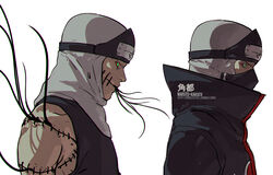  1boy akatsuki_uniform character_name character_profile closed_mouth commentary dark-skinned_male dark_skin english_commentary fisher903 forehead_protector green_eyes in_mouth kakuzu_(naruto) male_focus mask mouth_mask naruto_(series) naruto_shippuuden ninja ninja_mask reference_sheet simple_background solo white_background 