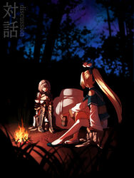  2girls :d armor asymmetrical_footwear backpack bag blonde_hair blue_collar bow braid breasts campfire chest_belt cleavage clothing_cutout collar cup dark-skinned_female dark_skin elf english_text fingerless_gloves floating gloves gold_trim green_eyes grey_hair hair_between_eyes hairbow high_ponytail highres holding holding_cup hololive kintsuba_(shiranui_flare) large_breasts long_hair looking_at_another mikan_(chipstar182) mismatched_footwear mole mole_on_breast multiple_girls open_mouth oversized_object pointy_ears shiranui_flare shiranui_flare_(old_design) shirogane_noel shirogane_noel_(1st_costume) short_hair shoulder_cutout single_thighhigh sitting smile thighhighs virtual_youtuber wrist_guards 