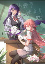  2girls ;d absurdres alternate_costume animal_ears artist_name black_vest blush bouquet braid breasts chalkboard chinese_text classroom collared_shirt desk dress_shirt ear_piercing english_text finger_to_cheek floating_hair flower genshin_impact hair_flower hair_ornament hand_in_own_hair heart highres holding holding_bouquet index_finger_raised indoors long_hair looking_at_viewer medium_breasts mole mole_under_eye mujizi multiple_girls nail_polish neck_ribbon one_eye_closed open_mouth pantyhose parted_lips piercing pink_hair pink_skirt purple_eyes purple_flower purple_hair purple_nails raiden_shogun red_ribbon ribbon rose school_desk shirt short_sleeves single_braid sitting sitting_on_table skirt smile translated very_long_hair vest white_flower white_rose white_shirt yae_miko 