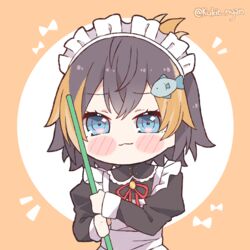  :d alternate_costume apron black_hair blue_eyes blush_stickers chibi chibi_only commentary english_commentary enmaided female fish_hair_ornament hair_between_eyes hair_ornament juliet_sleeves kukie-nyan long_sleeves looking_at_viewer maid maid_apron maid_headdress multicolored_hair nijisanji nijisanji_en orange_hair petra_gurin puffy_sleeves smile solo streaked_hair twitter_username virtual_youtuber white_apron 