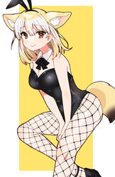  alternate_costume animal_ears bad_id bad_twitter_id bare_arms bare_shoulders between_legs black_bow black_bowtie black_leotard black_pantyhose blonde_hair bow bowtie commentary detached_collar fake_animal_ears female fennec_(kemono_friends) fishnets fox_ears fox_girl fox_tail hand_between_legs heart heart-shaped_pupils highres kemono_friends leotard looking_at_viewer multicolored_hair pantyhose playboy_bunny rabbit_ears short_hair solo strapless strapless_leotard suicchonsuisui symbol-shaped_pupils tail white_hair 