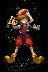  1boy blikeeeey blue_eyes brown_hair cosplay fingerless_gloves full_body gloves hat highres hood jewelry keyblade kingdom_hearts kingdom_hearts_i kingdom_key looking_at_viewer male_focus mario mario_(cosplay) mario_(series) necklace one_eye_closed short_hair smile solo sora_(kingdom_hearts) spiked_hair super_smash_bros. 