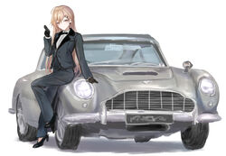  absurdres aston_martin aston_martin_db5 black_bow black_footwear black_gloves black_jacket black_pants blazer bow bowtie brown_eyes car closed_mouth commentary cross cross_earrings ear_piercing earrings female full_body girls&#039;_frontline gloves grey_car gun hair_ornament hairclip high_heels highres holding holding_gun holding_weapon jacket james_bond_(series) jewelry leaning_back light_brown_hair long_hair looking_at_viewer martinreaction motor_vehicle pants piercing ppk_(girls&#039;_frontline) shirt smile solo vehicle_focus weapon white_background white_shirt 