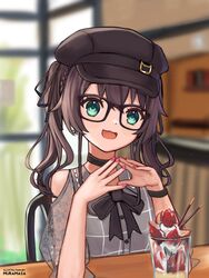  :3 absurdres artist_name bad_id bad_twitter_id black_bow black_choker black_headwear blurry blurry_background blush bow brown_hair choker cowlick female glasses green_eyes head_tilt highres hololive inactive_account looking_at_viewer muramasa_dash natsuiro_matsuri natsuiro_matsuri_(casual) open_mouth own_hands_together parfait pink_nails sitting smile solo twintails variant_set virtual_youtuber 