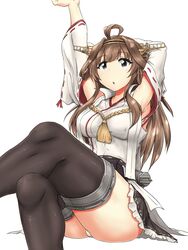  ahoge black_skirt boots breasts brown_hair crossed_legs detached_sleeves double_bun female frilled_skirt frills hair_bun hairband headgear highres japanese_clothes kantai_collection kongou_(kancolle) kongou_kai_ni_(kancolle) long_hair medium_breasts nontraditional_miko panties purple_eyes ribbon-trimmed_sleeves ribbon_trim sitting skirt solo thigh_boots thighhighs underwear white_panties yashio_(0321) 