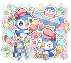  &gt;_&lt; blush_stickers character_print clothed_pokemon commentary_request eating food grey_eyes hat holding ice_cream ice_cream_cone looking_at_viewer mint no_humans notice_lines okamori_kuo open_mouth outline pink_headwear piplup pokemon pokemon_(creature) popsicle sign star_(symbol) tongue 