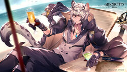  1boy absurdres animal_ear_fluff animal_ears arknights beach_chair bird black_pants copyright_name cup drinking_glass essual_(layer_world) feet_out_of_frame grey_eyes grey_hair highres holding holding_cup leopard_boy leopard_ears leopard_tail looking_at_viewer male_focus official_alternate_costume official_art pants shirt short_hair silverash_(arknights) silverash_(seeker)_(arknights) sitting smile solo tail tenzin_(arknights) white_shirt 