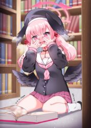  bad_id bad_pixiv_id beret black_hat black_wings blue_archive blurry blurry_background blush book bookshelf commentary depth_of_field embarrassed feathered_wings female flat_chest halo hands_up hat head_wings highres ine_(ineinnen) kneehighs koharu_(blue_archive) library loafers long_hair loose_socks low_wings neckerchief open_mouth peeking_through_fingers pink_eyes pink_hair pink_neckerchief pleated_skirt pornography sailor_collar school_uniform serafuku shoes sitting skirt sleeves_past_wrists socks solo trembling twintails wariza wings 