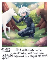  1boy :d ahoge android animal armor bush cheer_(cheerpuppy14) commentary danganronpa_(series) danganronpa_v3:_killing_harmony english_commentary english_text faux_photograph from_side grass green_eyes grey_hair highres k1-b0 long_sleeves looking_at_animal male_focus open_mouth outdoors polaroid power_armor short_hair smile squatting teeth tree upper_teeth_only wolf 