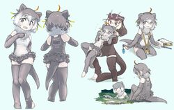  3girls absurdres animal_ears bare_shoulders blonde_hair clothes_writing commentary_request cosplay elbow_gloves fingerless_gloves flying_sweatdrops frilled_one-piece_swimsuit frills fur_collar giant_otter_(kemono_friends) gloves grey_eyes grey_gloves grey_hair grey_legwear grey_one-piece_swimsuit height_difference highres holding_person kemono_friends key lanyard long_hair multicolored_hair multiple_girls multiple_views notepad one-piece_swimsuit otter_ears otter_girl otter_tail pen red_hair short_hair small-clawed_otter_(kemono_friends) small-clawed_otter_(kemono_friends)_(cosplay) swimming swimsuit tail thighhighs toeless_legwear toki_reatle translation_request two-tone_swimsuit white_fur white_hair white_one-piece_swimsuit zettai_ryouiki 