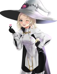  blonde_hair commission commissioner_upload cosplay eitri_(fire_emblem) eitri_(fire_emblem)_(cosplay) female fire_emblem fire_emblem_fates fire_emblem_heroes gloves grey_eyes hand_on_own_hip hat heart highres long_hair looking_at_viewer nolepsantuy one_eye_closed ophelia_(fire_emblem) solo upper_body white_background witch_hat 