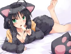  ahoge animal_ear_hood animal_ears arm_support barefoot bed_sheet black_dress black_hair blunt_ends blush breasts cat_ears cleavage collarbone commentary_request cushion dress eating eyelashes eyes_visible_through_hair fake_animal_ears feet female food foot_out_of_frame fur-trimmed_dress fur-trimmed_hood fur-trimmed_sleeves fur_trim green_eyes hair_between_eyes hand_up hemogurobin_a1c hitachi_mako holding holding_food holding_popsicle hood hood_up hooded_dress ice_cream large_breasts leg_up legs long_sleeves looking_at_viewer lying melting no_bra on_stomach open_mouth popsicle senren_banka short_dress short_hair_with_long_locks simple_background soles solo sparkle teeth the_pose toes upper_teeth_only wet wet_hair white_background 