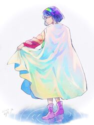  :| blue_eyes blue_hair boots cape closed_mouth commentary dated female from_behind full_body headband highres holding holding_cape holding_clothes long_sleeves m_(neteitai10) multicolored_clothes patchwork_clothes puffy_long_sleeves puffy_sleeves purple_footwear rainbow_gradient ripples short_hair signature solo tenkyuu_chimata touhou water white_cape zipper_dress 