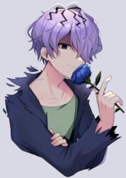  1boy black_eyes blue_flower blue_jacket blue_rose closed_mouth cropped_torso flower garry_(ib) green_shirt grey_background highres holding holding_flower ib_(kouri) jacket konogi_nogi looking_at_viewer male_focus open_clothes open_jacket purple_hair rose shirt short_hair signature simple_background smelling_flower smile solo twitter_username upper_body 